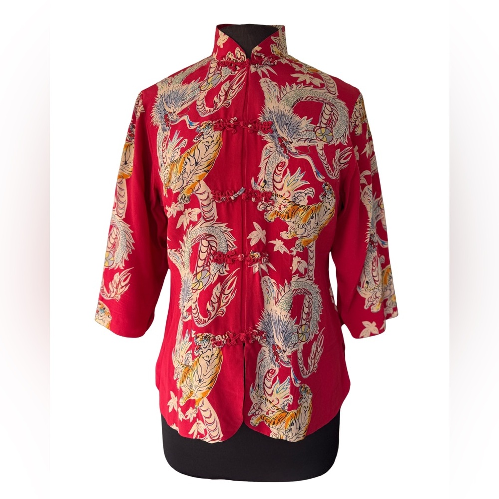 Vintage Avanti Red Silk Blouse with Dragon and Tiger Design